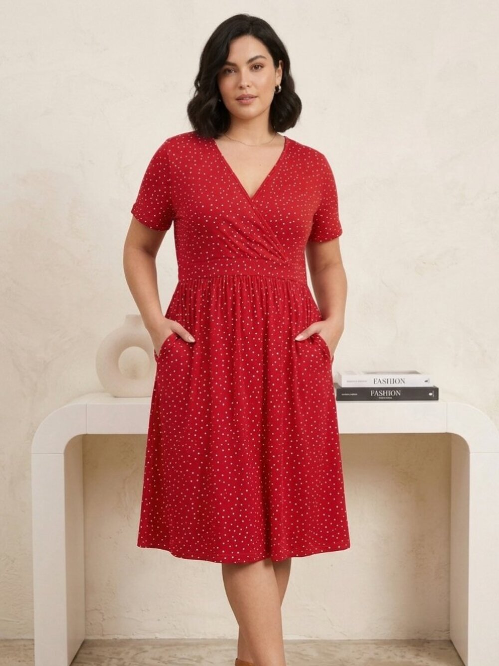 Red Polka Dot Dress Size XL With Pockets Short Sleeve V-neck Midi